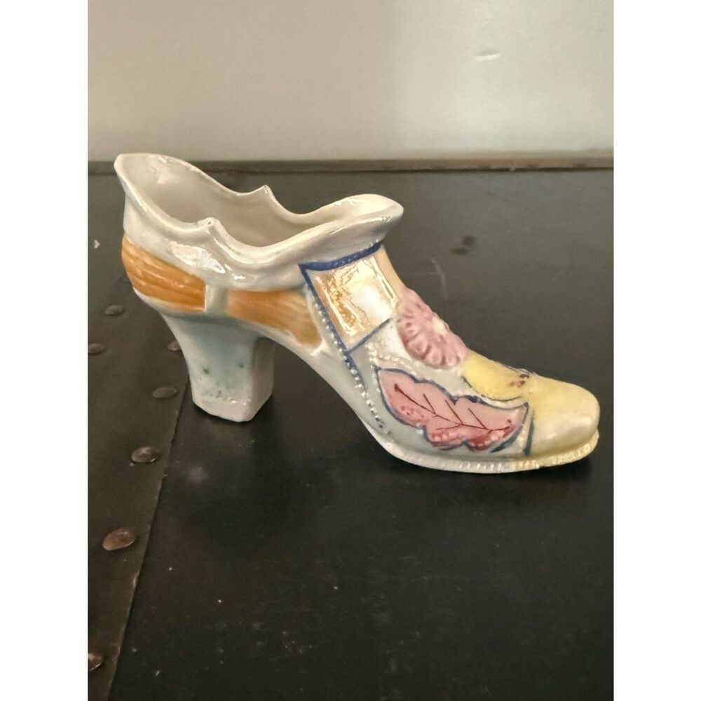 Vintage Porcelain Pink Blue Gold Lusterware Boot Shoe Container Vase Japan